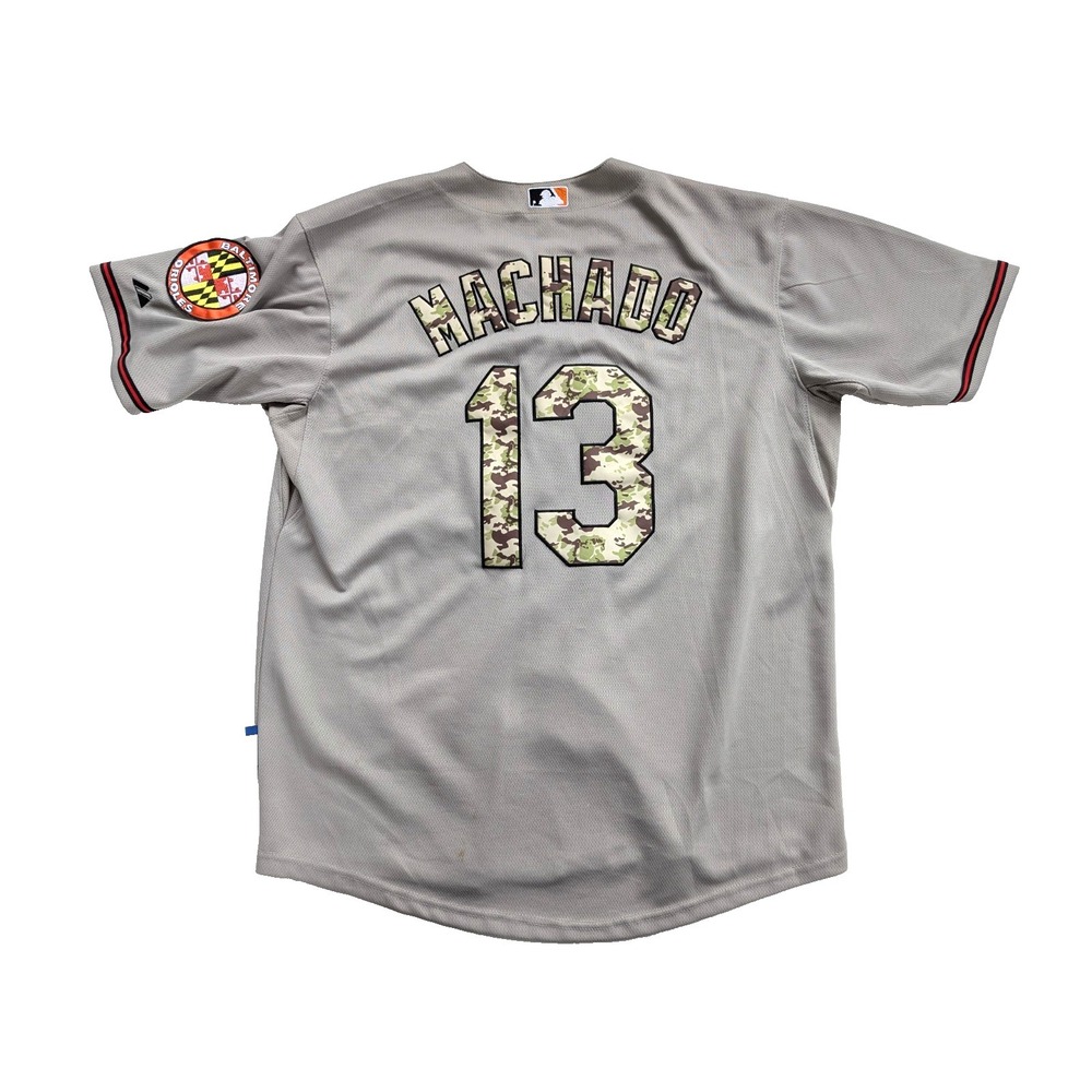 READ Manny Machado Baltimore Orioles Jersey Size 50 Camo Memorial Day Majestic - Picture 8 of 12